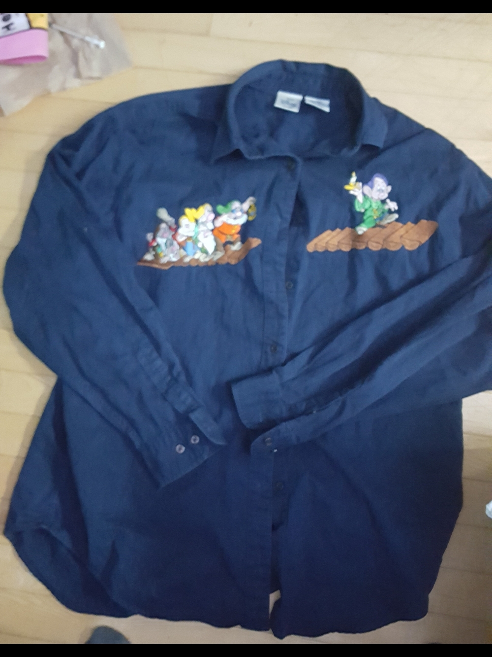 Disney Navy Button-Down Shirt with Embroidered Seven Dwarfs Panels